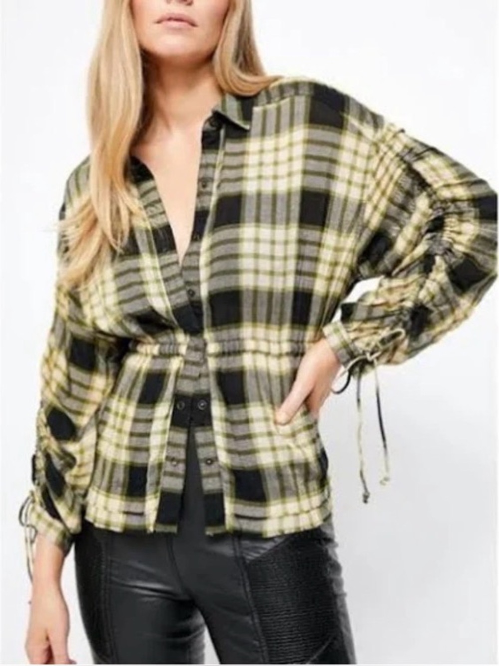 Free People Pacific Dawn Plaid Shirt Snap FrontClosure Drawstring Black